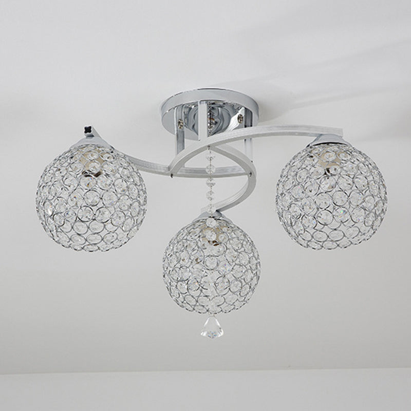 Sleek Crystal Semi-Flush Mount Light Fixture for Living Room - 3/5 Lights Globe, Simple Chrome Design