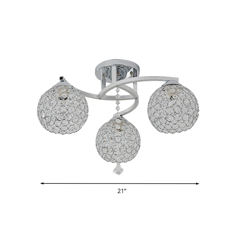 Sleek Crystal Semi-Flush Mount Light Fixture for Living Room - 3/5 Lights Globe, Simple Chrome Design