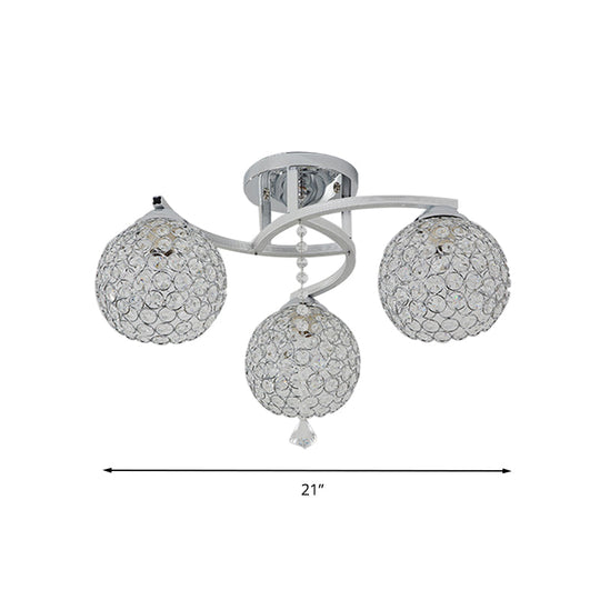 Sleek Crystal Semi-Flush Mount Light Fixture For Living Room - 3/5 Lights Globe Simple Chrome Design