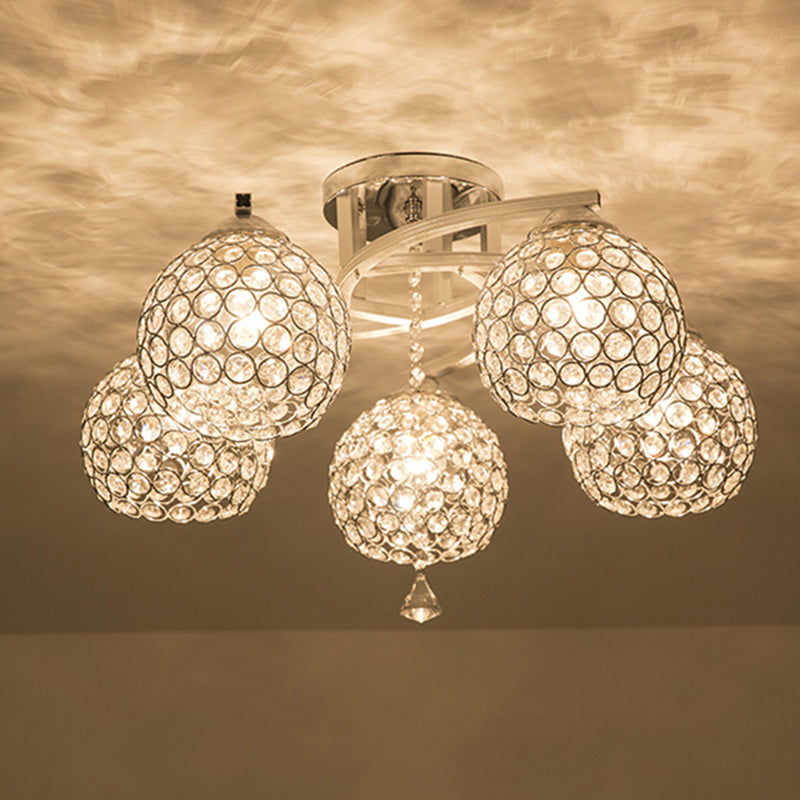 Sleek Crystal Semi-Flush Mount Light Fixture for Living Room - 3/5 Lights Globe, Simple Chrome Design