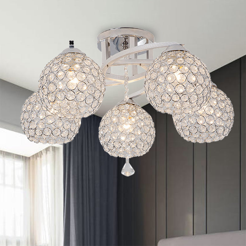 Sleek Crystal Semi-Flush Mount Light Fixture for Living Room - 3/5 Lights Globe, Simple Chrome Design