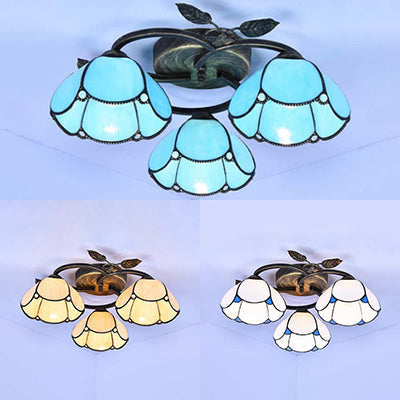 Vintage Stained Glass Bowl Ceiling Light Fixture, 3 Lights, Industrial Style - White/Blue/Beige