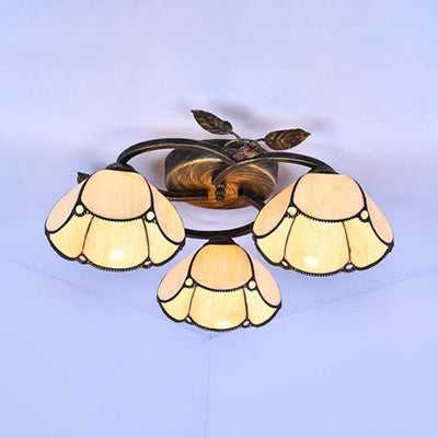 Vintage Stained Glass Bowl Ceiling Light Fixture, 3 Lights, Industrial Style - White/Blue/Beige