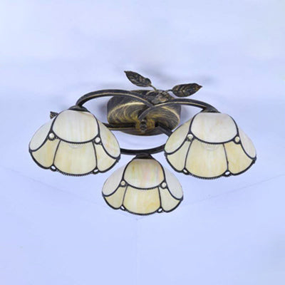 Vintage Stained Glass Bowl Ceiling Light Fixture, 3 Lights, Industrial Style - White/Blue/Beige