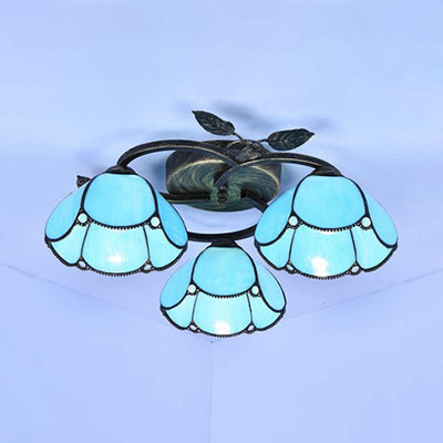 Vintage Stained Glass Bowl Ceiling Light Fixture, 3 Lights, Industrial Style - White/Blue/Beige