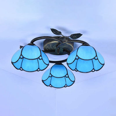 Vintage Stained Glass Bowl Ceiling Light Fixture, 3 Lights, Industrial Style - White/Blue/Beige