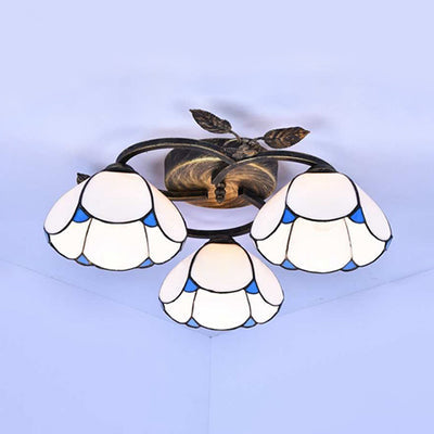 Vintage Stained Glass Bowl Ceiling Light Fixture, 3 Lights, Industrial Style - White/Blue/Beige