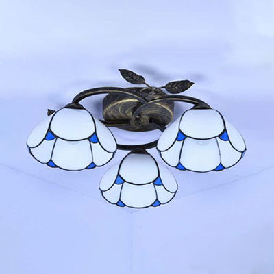 Vintage Stained Glass Bowl Ceiling Light Fixture, 3 Lights, Industrial Style - White/Blue/Beige