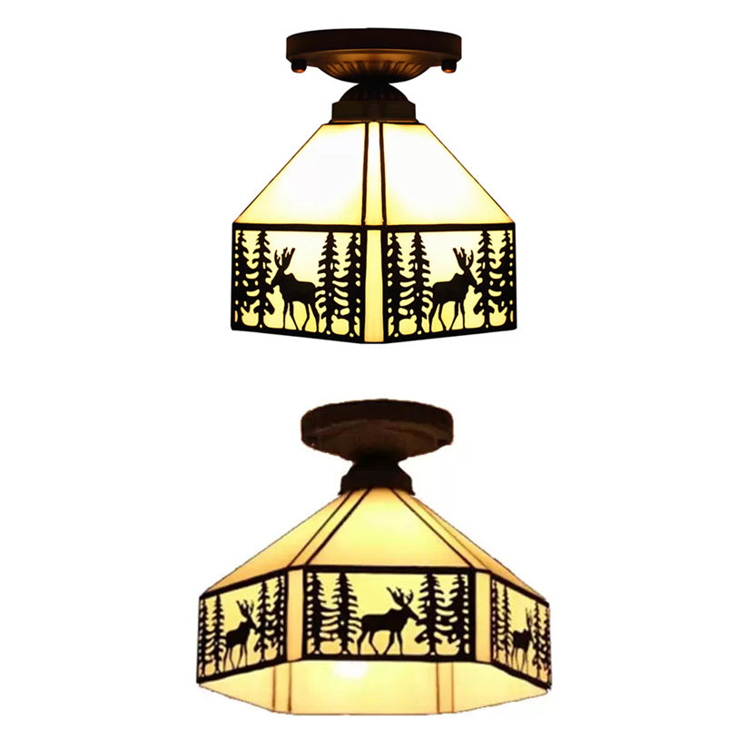 Geometric Semi Flush Ceiling Light With Art Glass Shade And Deer Pattern In Beige - Ideal For