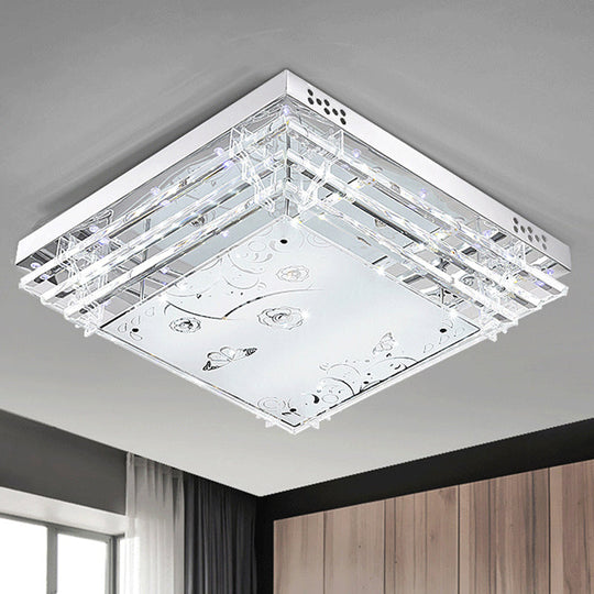 Contemporary LED Flush Mount Light - Rectangle/Square Shape with Crystal Rod and Acrylic Shade, 18.5"/23.5"/36.5" Wide, White