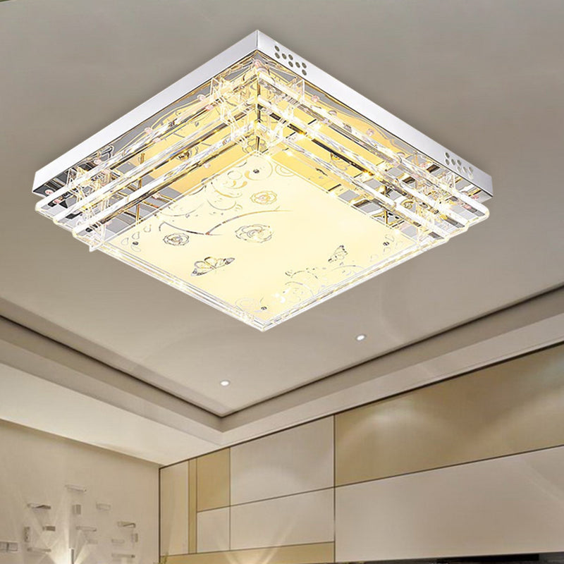 Contemporary Led Flush Mount Light - Rectangle/Square Shape With Crystal Rod And Acrylic Shade