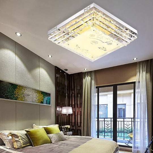 Contemporary Led Flush Mount Light - Rectangle/Square Shape With Crystal Rod And Acrylic Shade