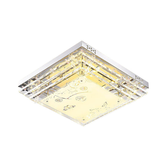 Contemporary LED Flush Mount Light - Rectangle/Square Shape with Crystal Rod and Acrylic Shade, 18.5"/23.5"/36.5" Wide, White