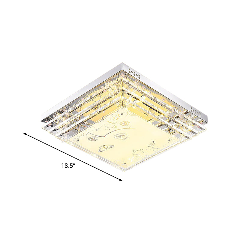 Contemporary LED Flush Mount Light - Rectangle/Square Shape with Crystal Rod and Acrylic Shade, 18.5"/23.5"/36.5" Wide, White