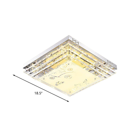 Contemporary LED Flush Mount Light - Rectangle/Square Shape with Crystal Rod and Acrylic Shade, 18.5"/23.5"/36.5" Wide, White