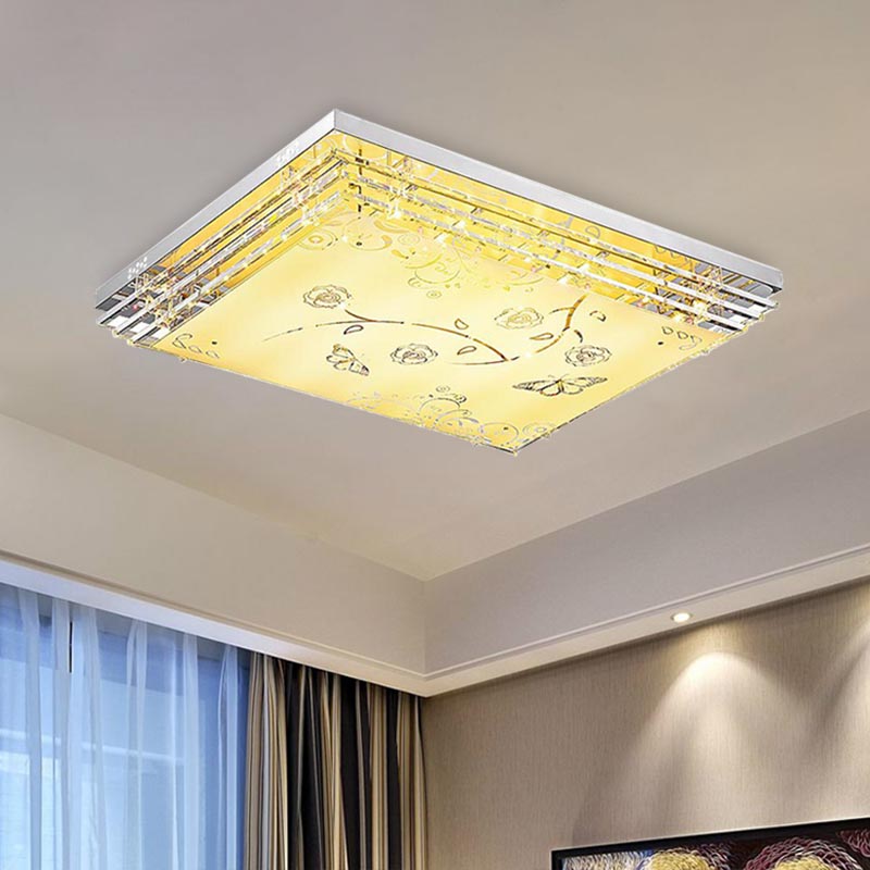 Contemporary Led Flush Mount Light - Rectangle/Square Shape With Crystal Rod And Acrylic Shade