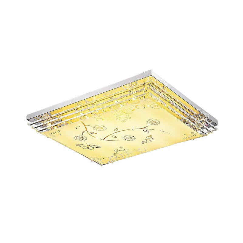 Contemporary LED Flush Mount Light - Rectangle/Square Shape with Crystal Rod and Acrylic Shade, 18.5"/23.5"/36.5" Wide, White