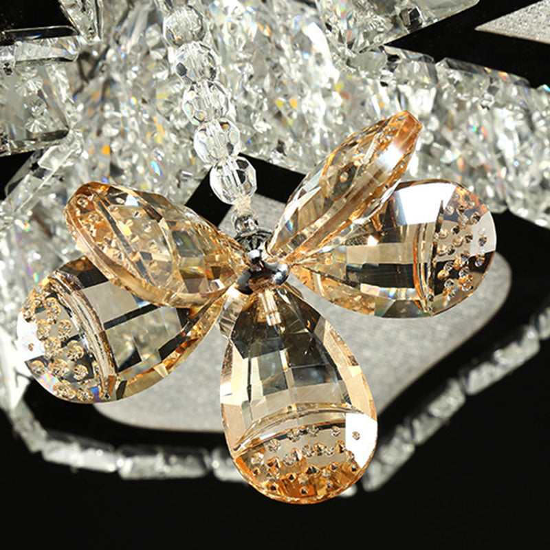 Modern Crystal Flower Flush Mount Ceiling Light For Bedroom White Led 3 Color Remote Control