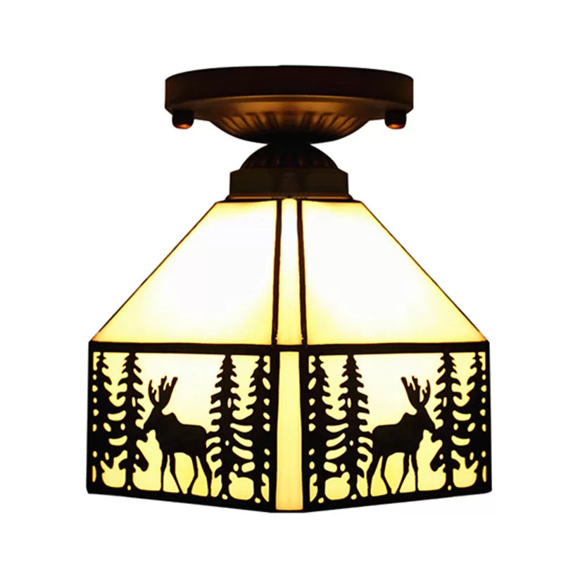 Geometric Semi Flush Ceiling Light With Art Glass Shade And Deer Pattern In Beige - Ideal For