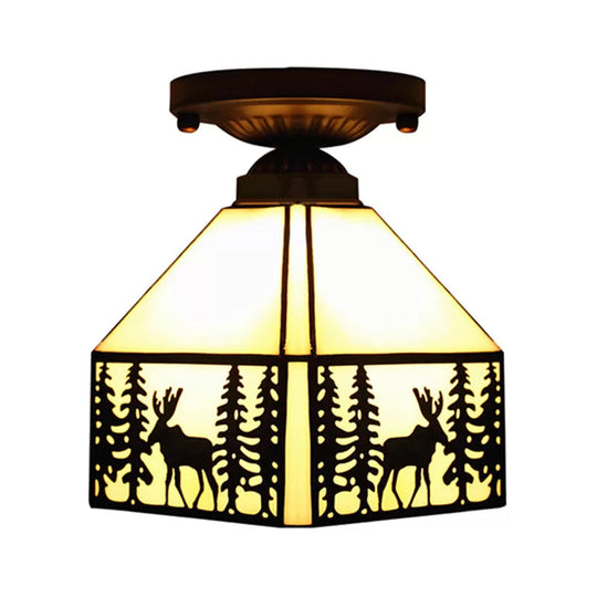 Geometric Semi Flush Ceiling Light With Art Glass Shade And Deer Pattern In Beige - Ideal For