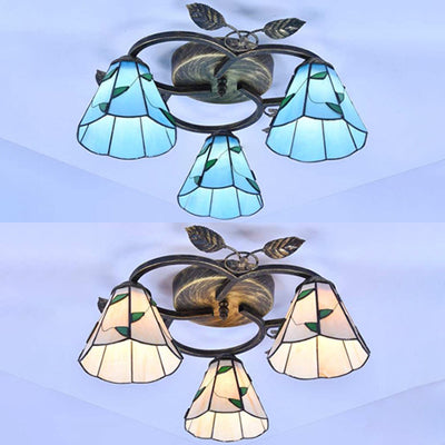 Tiffany Stained Glass Ceiling Light Fixture: Conic Shape, Beige/Blue with Leaf Decoration - 3 Lights Flush Mount