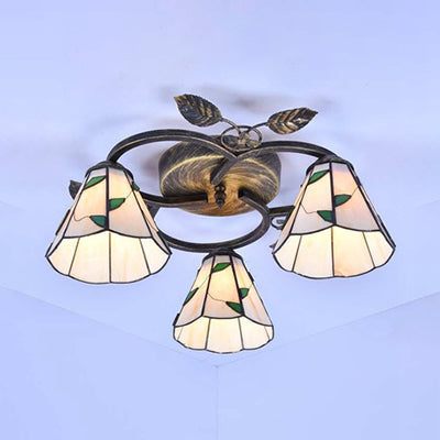 Tiffany Stained Glass Ceiling Light Fixture: Conic Shape, Beige/Blue with Leaf Decoration - 3 Lights Flush Mount