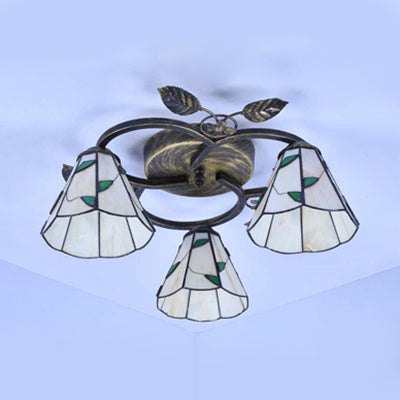 Tiffany Stained Glass Ceiling Light Fixture: Conic Shape, Beige/Blue with Leaf Decoration - 3 Lights Flush Mount