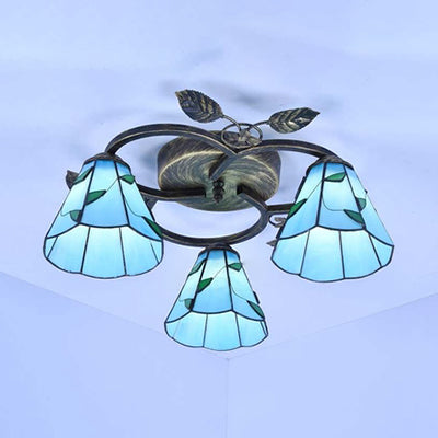 Tiffany Stained Glass Ceiling Light Fixture: Conic Shape, Beige/Blue with Leaf Decoration - 3 Lights Flush Mount