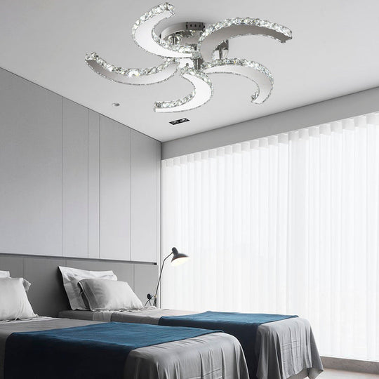 Simple Windmill Crystal Semi Flush Mount: 5-Light Semi Flush Light in Chrome, Bedroom Lighting with Warm/White/3 Color Light