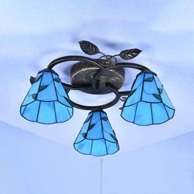 Tiffany Stained Glass Ceiling Light Fixture: Conic Shape, Beige/Blue with Leaf Decoration - 3 Lights Flush Mount