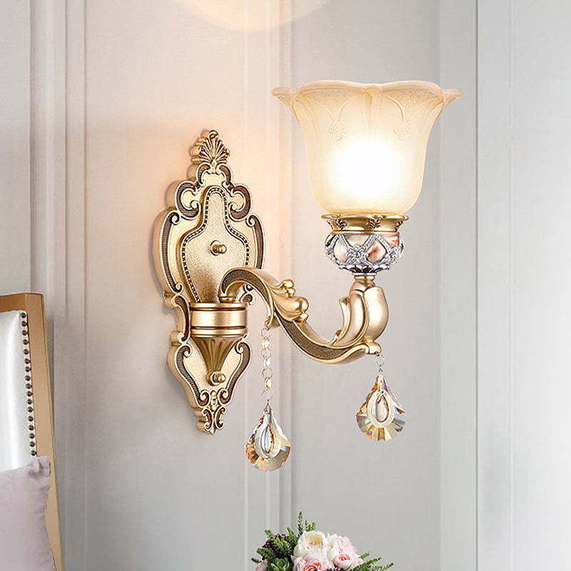 Vintage White Glass Wall Sconce With Crystal Accent And Gold Resin Arm