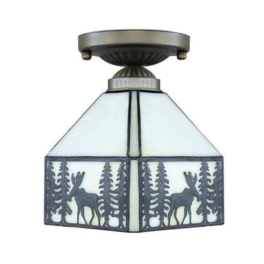 Geometric Semi Flush Ceiling Light With Art Glass Shade And Deer Pattern In Beige - Ideal For