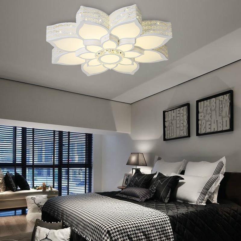 Lotus Crystal Flush Mount Light Fixture - White 23.5/29.5/35.5 W Led Ceiling In Warm/White