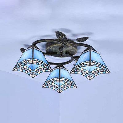 Tiffany Stained Glass Geometric Ceiling Light - Bronze Flushmount with 3 Lights