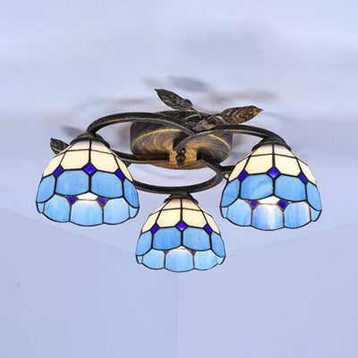 Tiffany Stained Glass Geometric Ceiling Light - Bronze Flushmount with 3 Lights