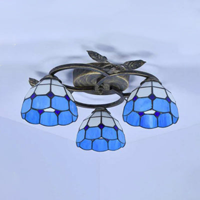 Tiffany Stained Glass Geometric Ceiling Light - Bronze Flushmount with 3 Lights