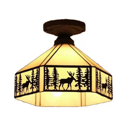 Geometric Semi Flush Ceiling Light With Art Glass Shade And Deer Pattern In Beige - Ideal For