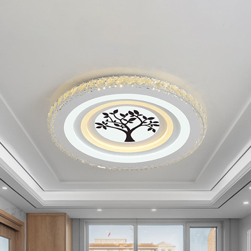 Modern Crystal Led Ceiling Light For Dining Rooms - Round Design Flush Mount White Finish