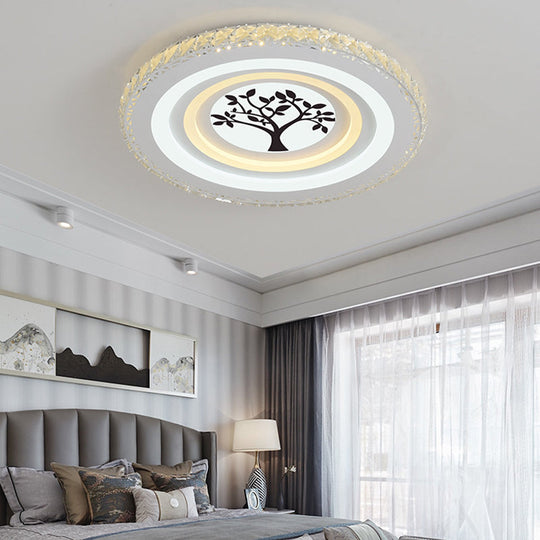 Modern Crystal Led Ceiling Light For Dining Rooms - Round Design Flush Mount White Finish