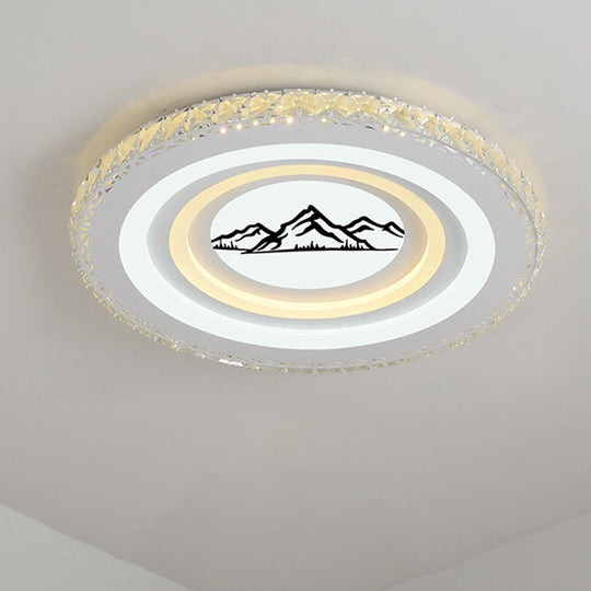 Modern Crystal Led Ceiling Light For Dining Rooms - Round Design Flush Mount White Finish / Mountain