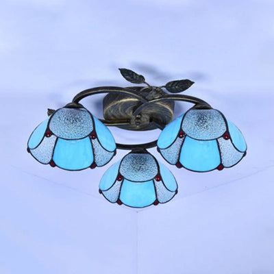 Tiffany Stained Glass Geometric Ceiling Light - Bronze Flushmount with 3 Lights