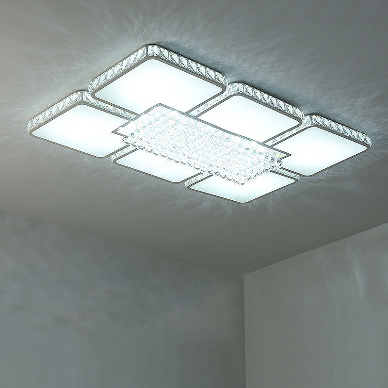 Plafonnier LED carré contemporain en cristal - Lumière blanche ou chaude - Parfait pour les salons