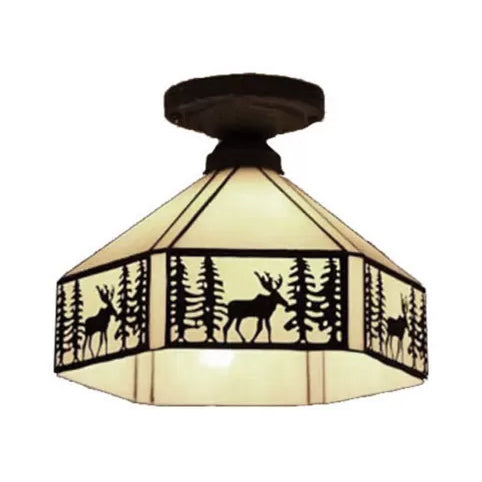 Geometric Semi Flush Ceiling Light With Art Glass Shade And Deer Pattern In Beige - Ideal For