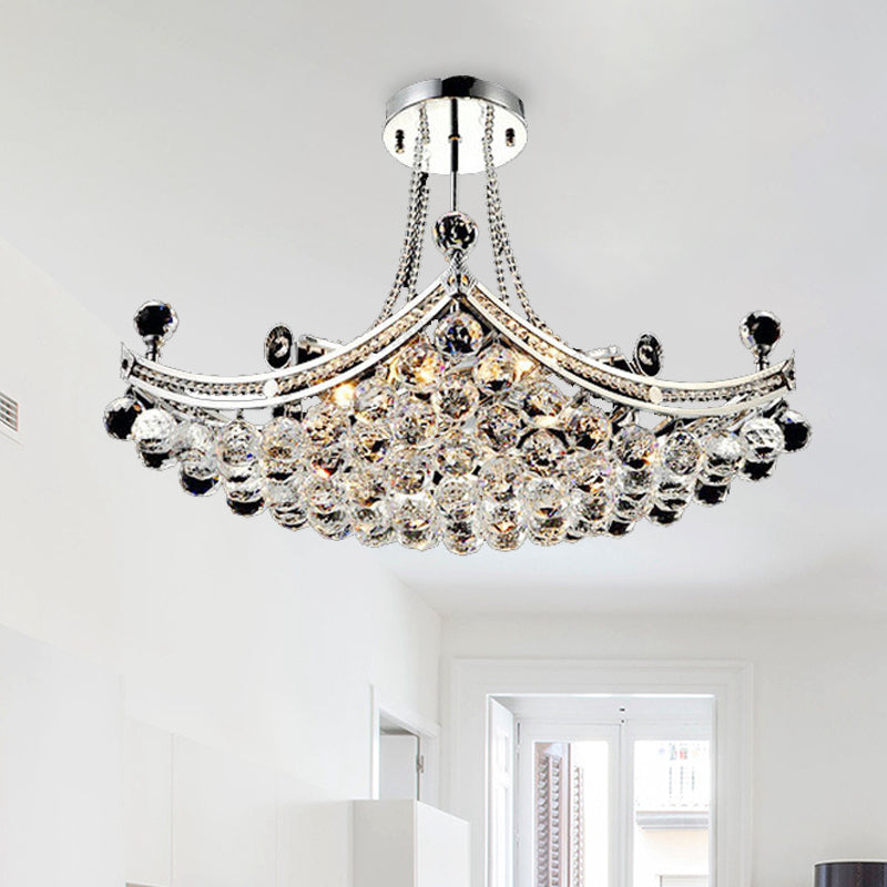 Modern Chrome Crystal Boat Shape Ceiling Fixture with 6 Lights - Semi Flush Mount