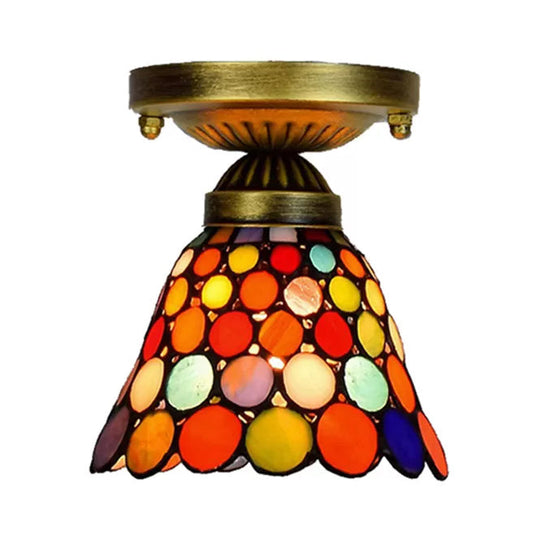 Tiffany Style Multicolor Glass Bedroom Ceiling Light: Cone Shade, Semi Flush Mount