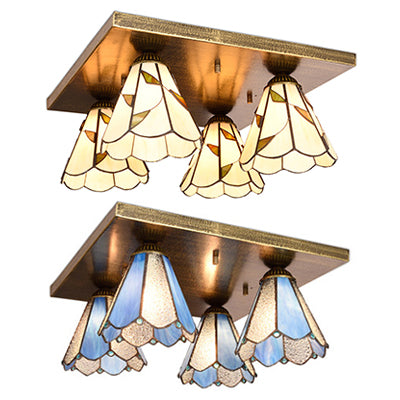 Blue/Beige Tiffany Stained Glass Cone Ceiling Light Fixture with 4 Flush Mount Lights