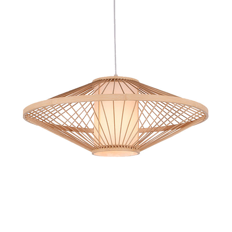 Suspended Bamboo Saucer Lamp - Modern Style 1-Bulb Hanging Light Fixture 19.5/23.5 Dia Black/Beige