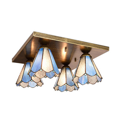 Blue/Beige Tiffany Stained Glass Cone Ceiling Light Fixture with 4 Flush Mount Lights