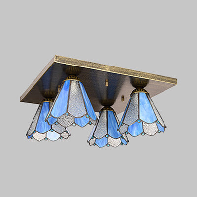 Blue/Beige Tiffany Stained Glass Cone Ceiling Light Fixture with 4 Flush Mount Lights