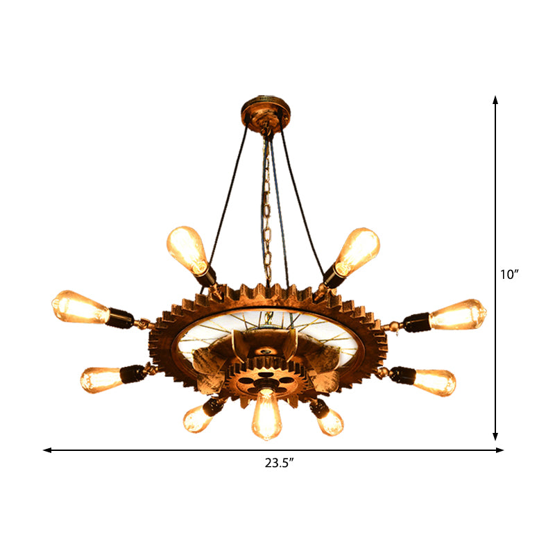 Iron Gear 9-Head Pendant Chandelier for Restaurant Kitchen Table - Industrial Style Light Fixture